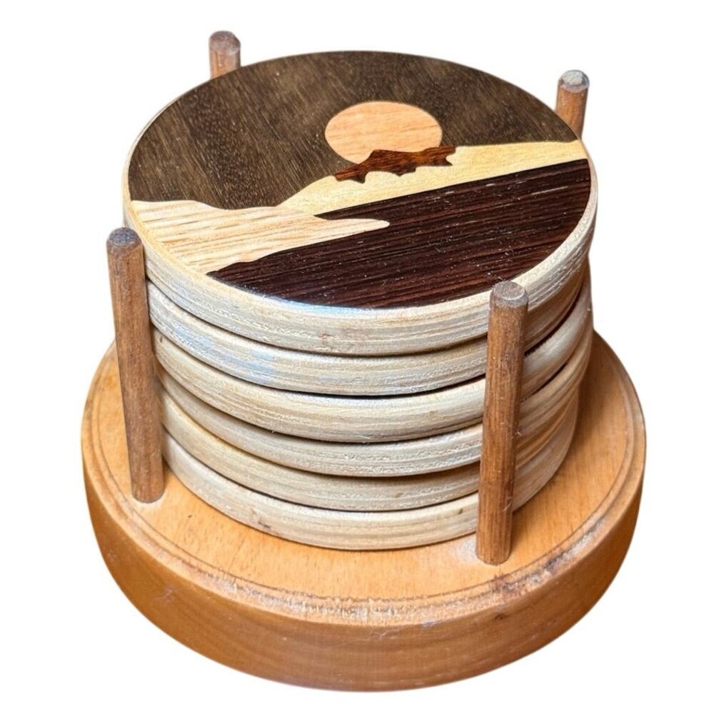 VTG Round Mountain Wood Inlay Coaster Set Nicholas Maria Intarsia Nautical